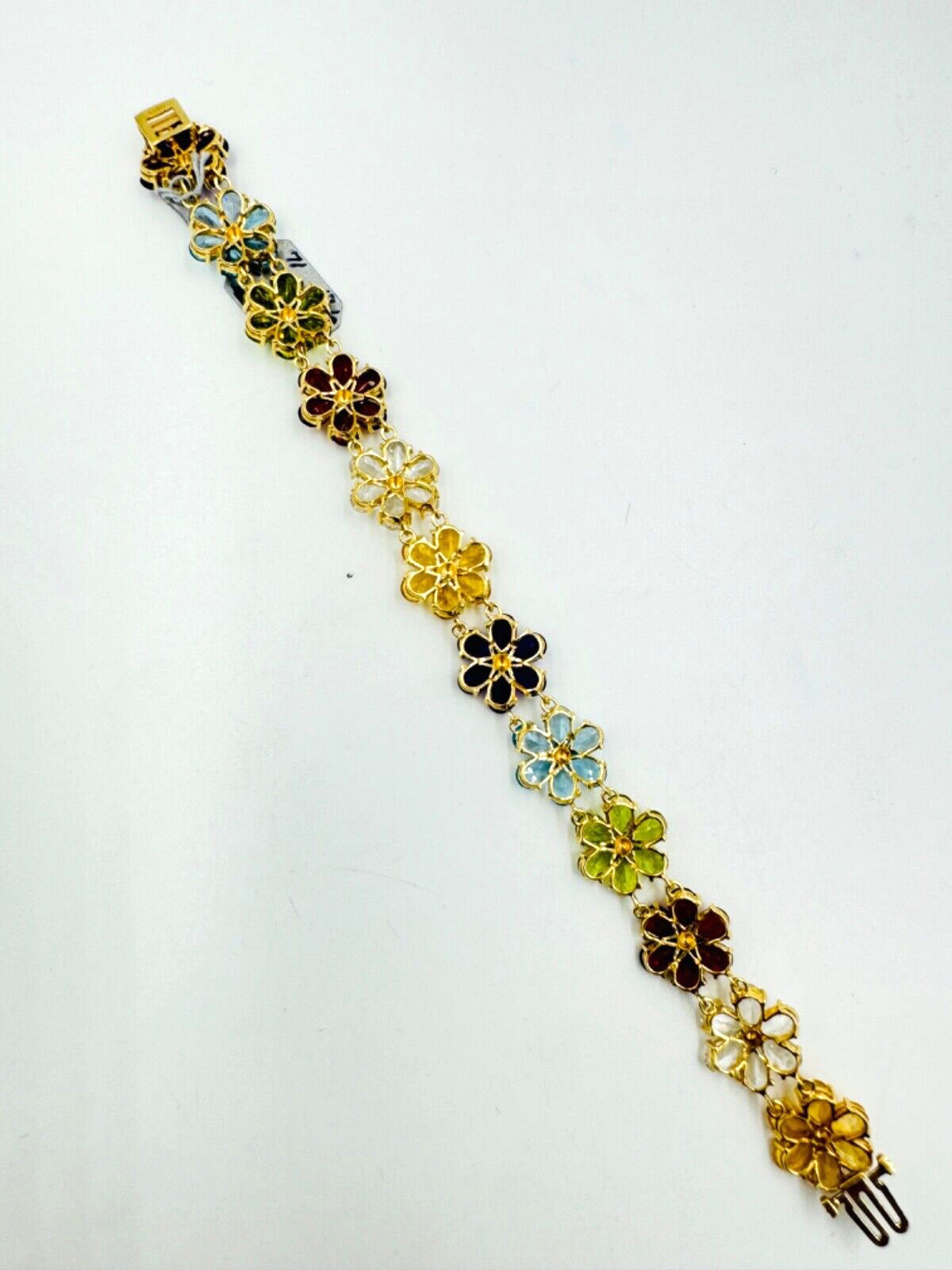 14k Yellow Gold Multi Gemstone Flower Link bracelet Signed