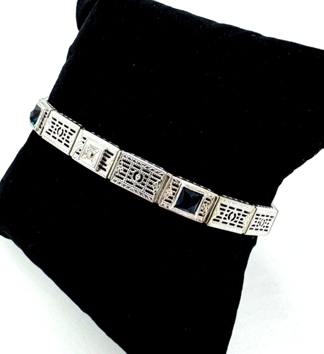 Ostby Barton Art Deco 14k White Gold Filigree Bracelet Swiss Cut Blue Stones