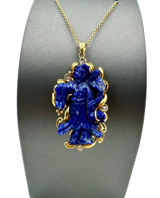 Carved Lapis Lazuli Quad Yin Pendant Diamond accents pendant  Necklace