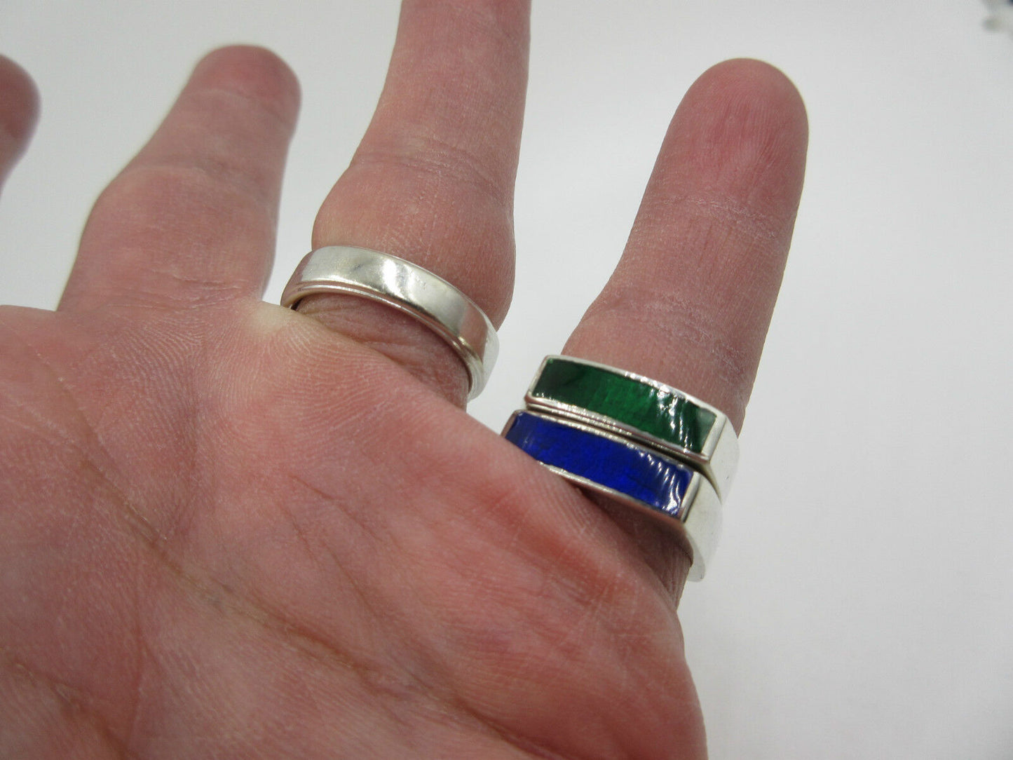 Siam Sterling Silver Blue & Green Enamel Ring Wedding Band Set of 2