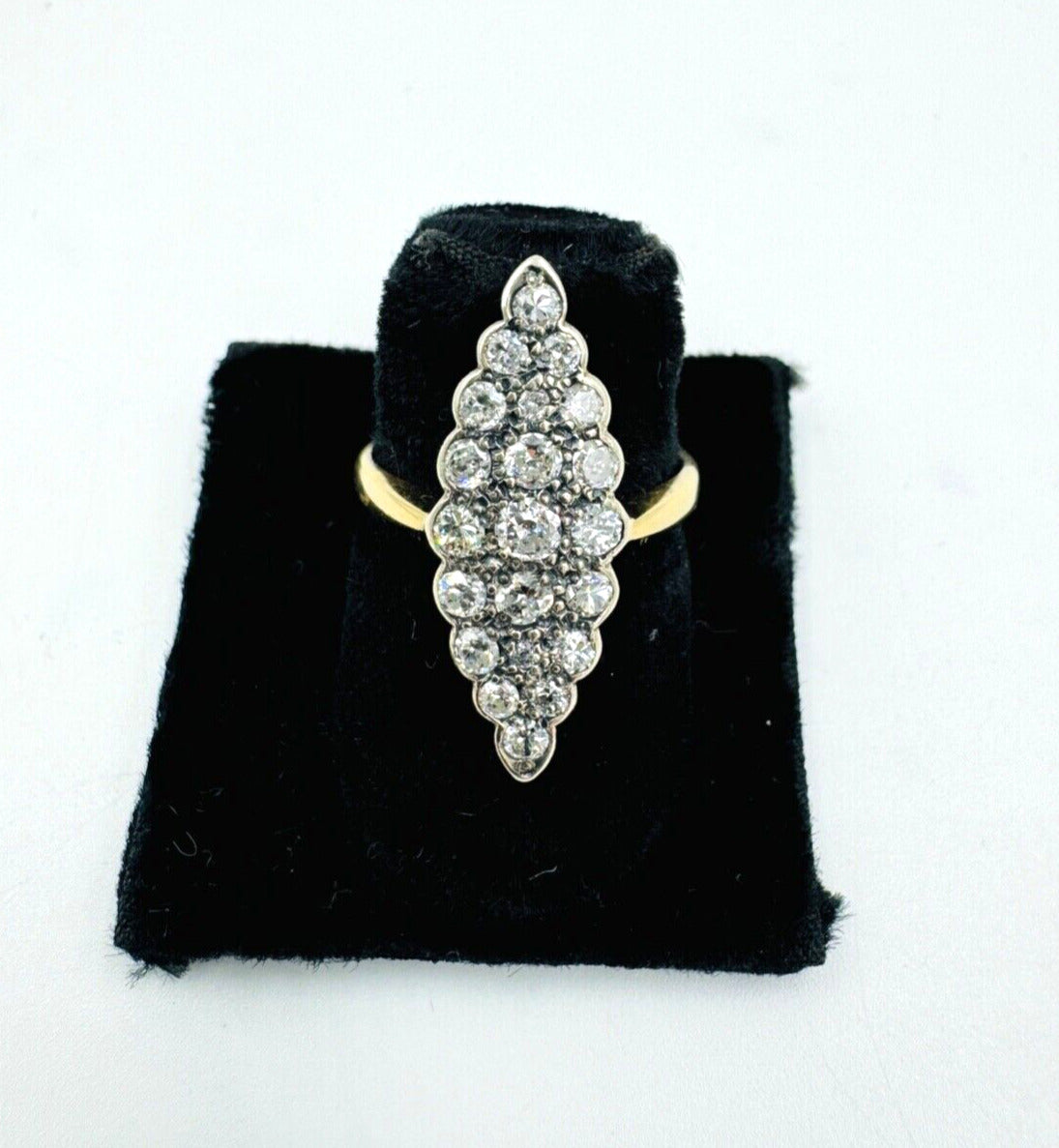 Antique 18K Gold Diamond Silver Top Cluster Navette Ring