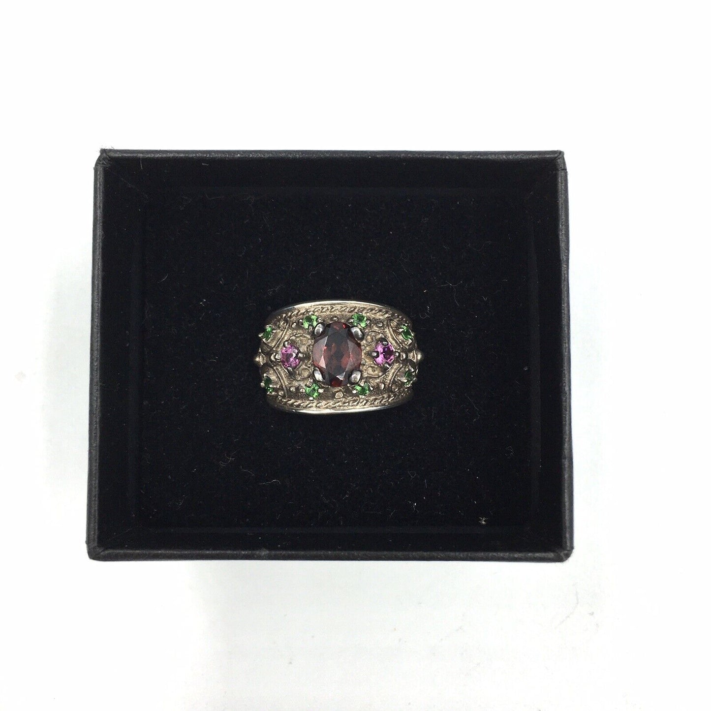 Garnet Amethyst Chrome Diopside Oxidized Sterling Silver Ring Size 5.5