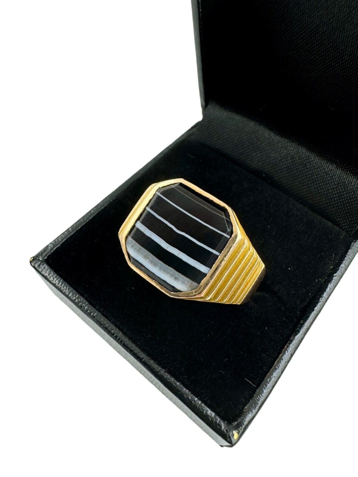 Art Deco 14k Yellow Gold Banded Agate Men's Ring