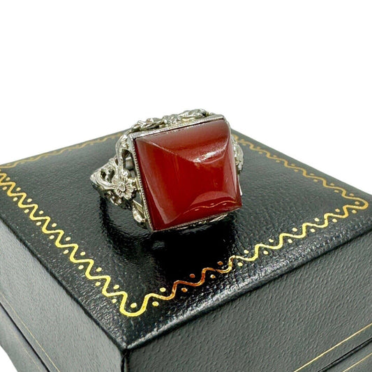 Art Deco 14K White Gold Carnelian Sugar Loaf Stone Ring