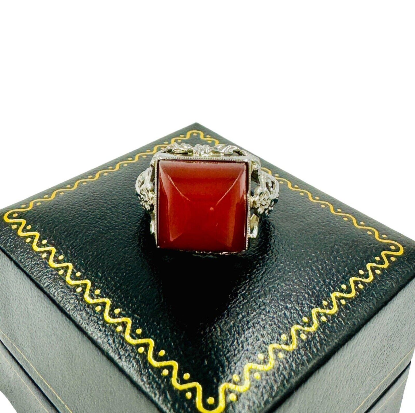 Art Deco 14K White Gold Carnelian Sugar Loaf Stone Ring