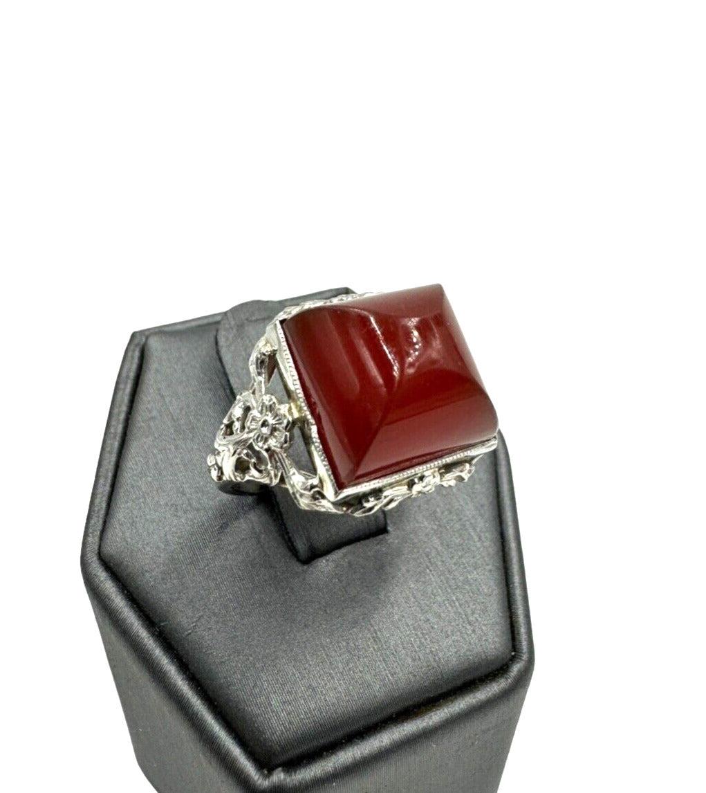 Art Deco 14K White Gold Carnelian Sugar Loaf Stone Ring