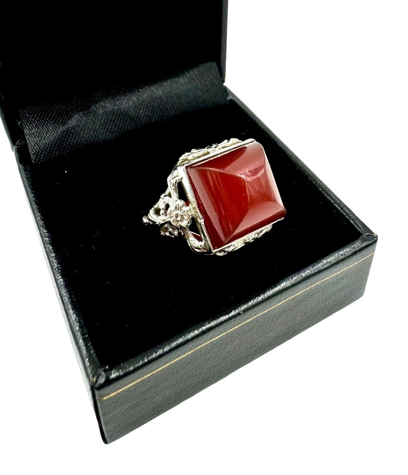 Art Deco 14K White Gold Carnelian Sugar Loaf Stone Ring