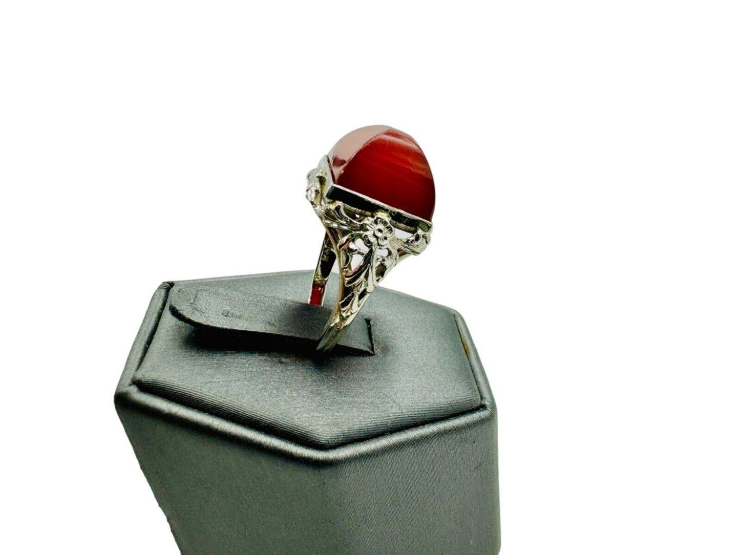 Art Deco 14K White Gold Carnelian Sugar Loaf Stone Ring
