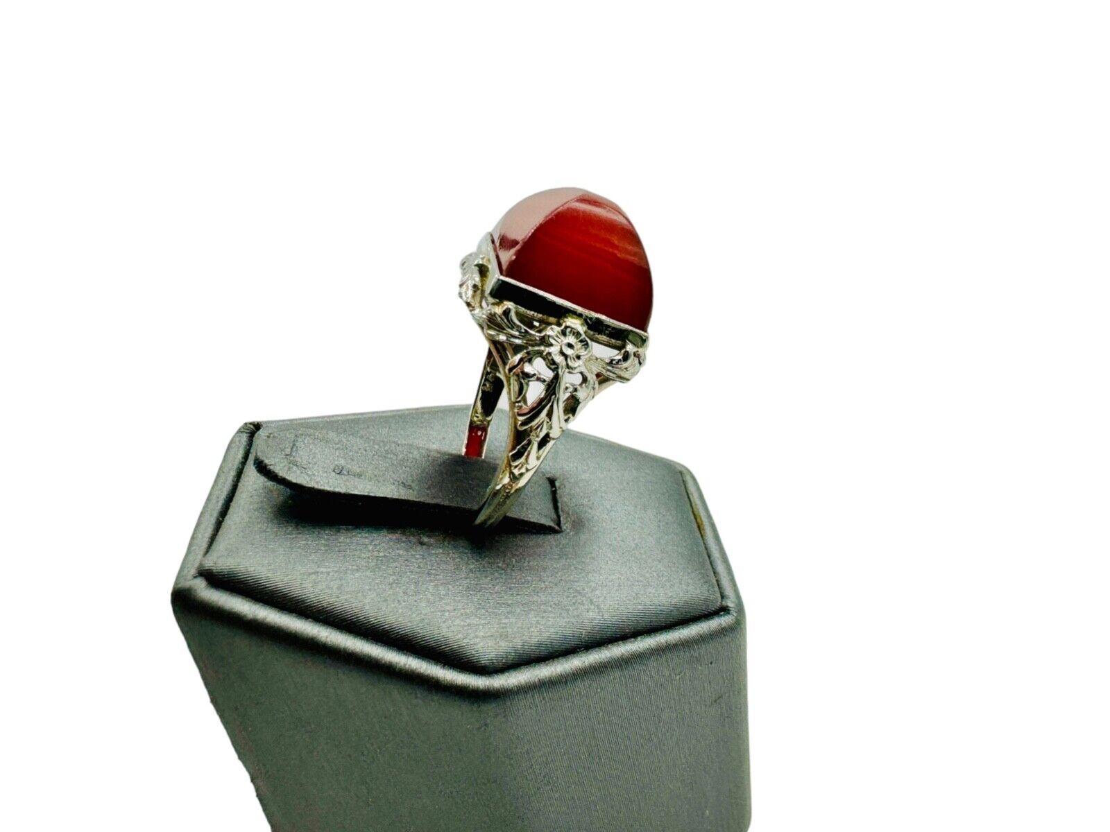 Art Deco 14K White Gold Carnelian Sugar Loaf Stone Ring