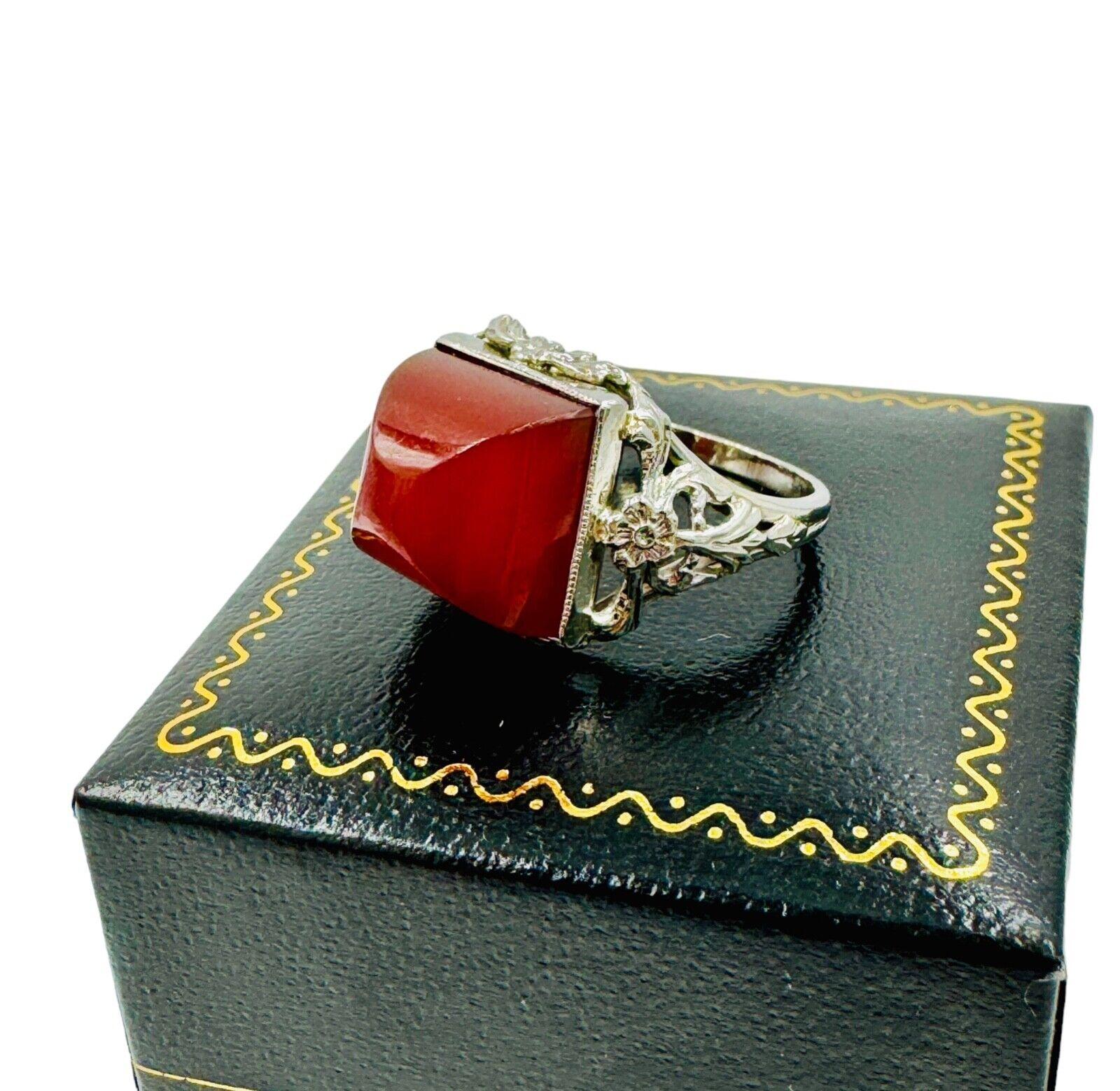 Art Deco 14K White Gold Carnelian Sugar Loaf Stone Ring