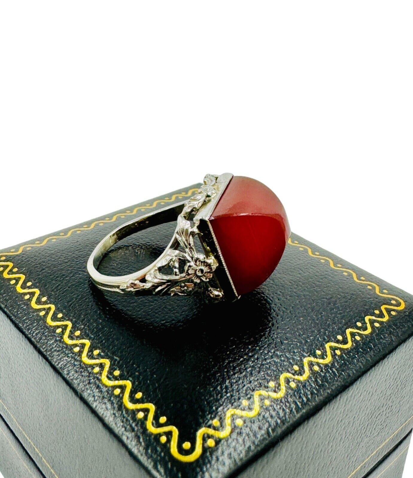 Art Deco 14K White Gold Carnelian Sugar Loaf Stone Ring