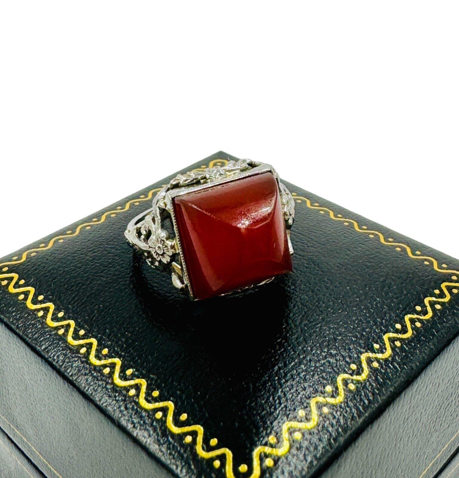 Art Deco 14K White Gold Carnelian Sugar Loaf Stone Ring