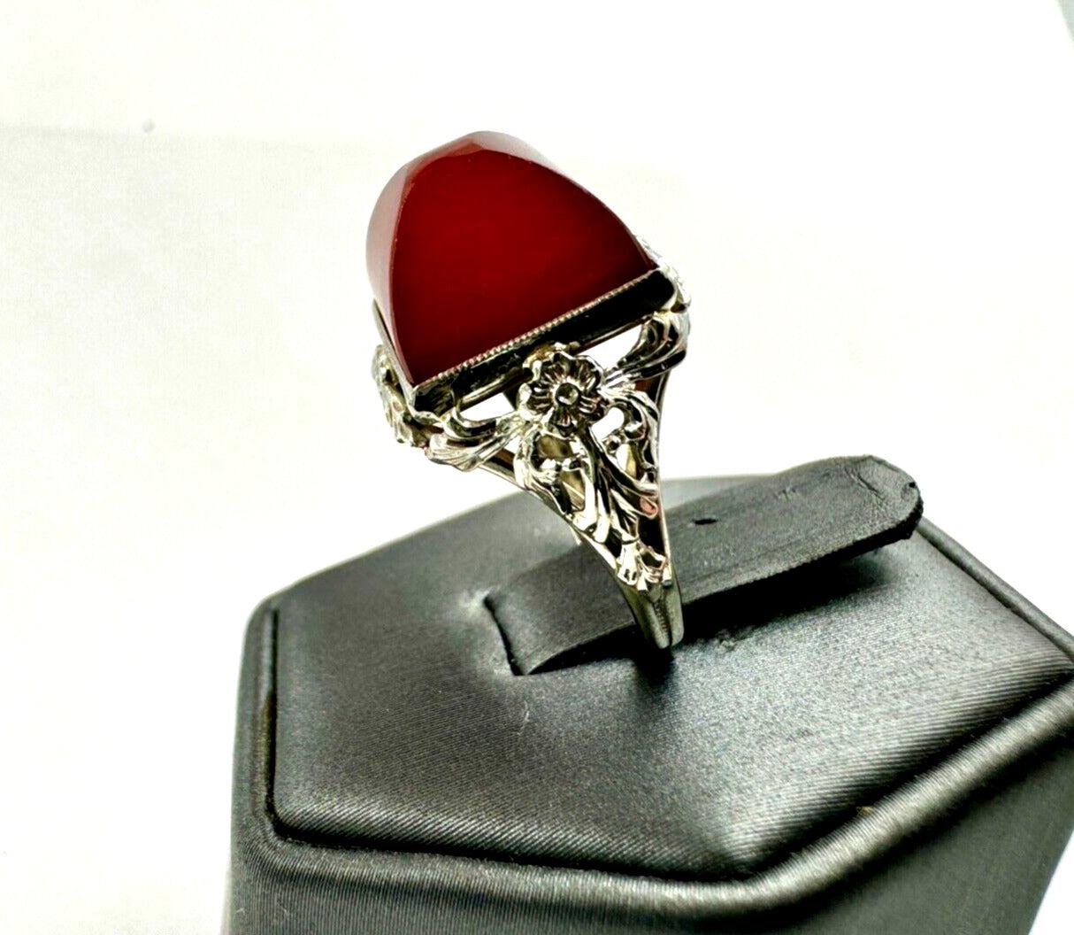 Art Deco 14K White Gold Carnelian Sugar Loaf Stone Ring