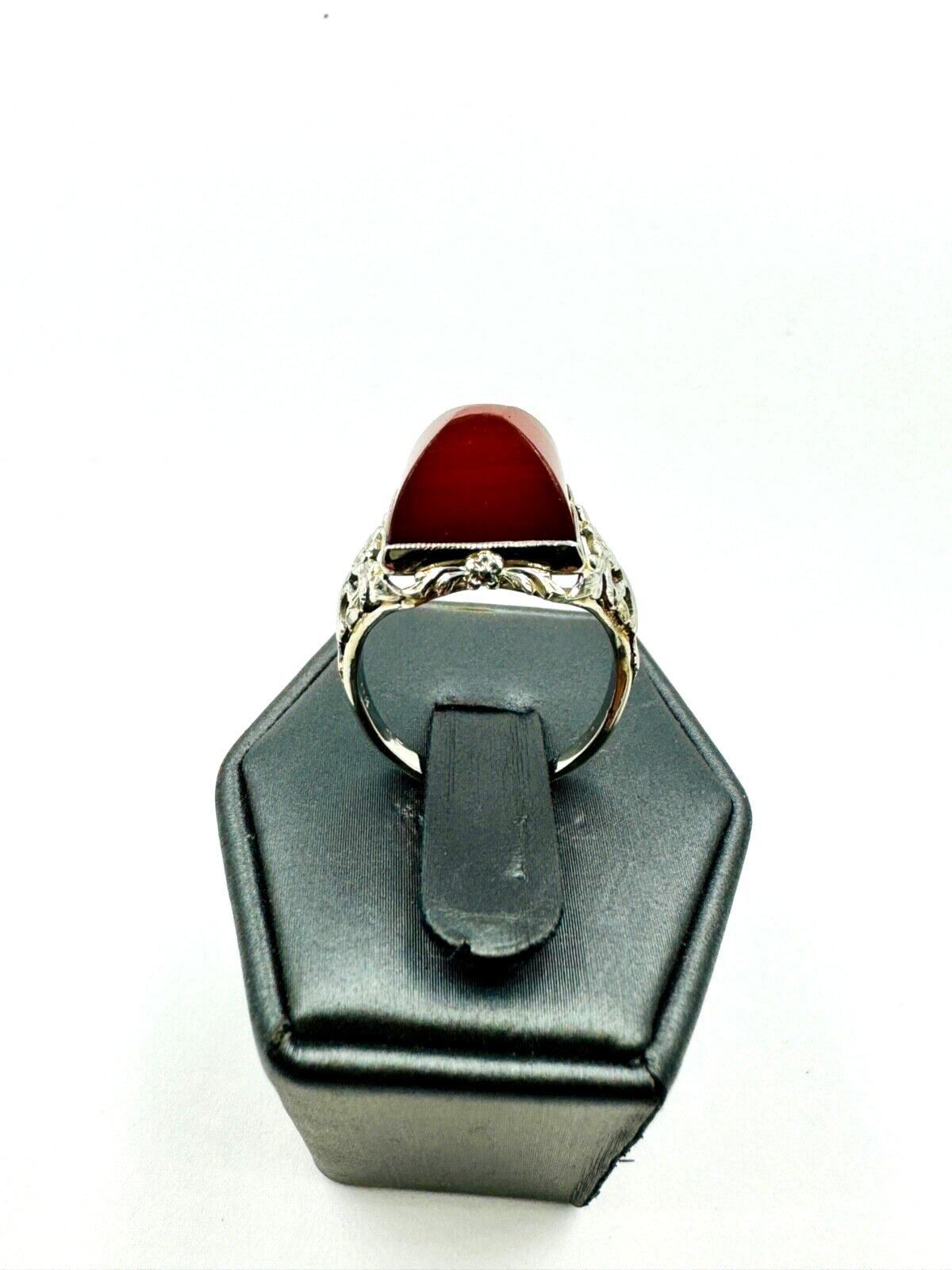 Art Deco 14K White Gold Carnelian Sugar Loaf Stone Ring