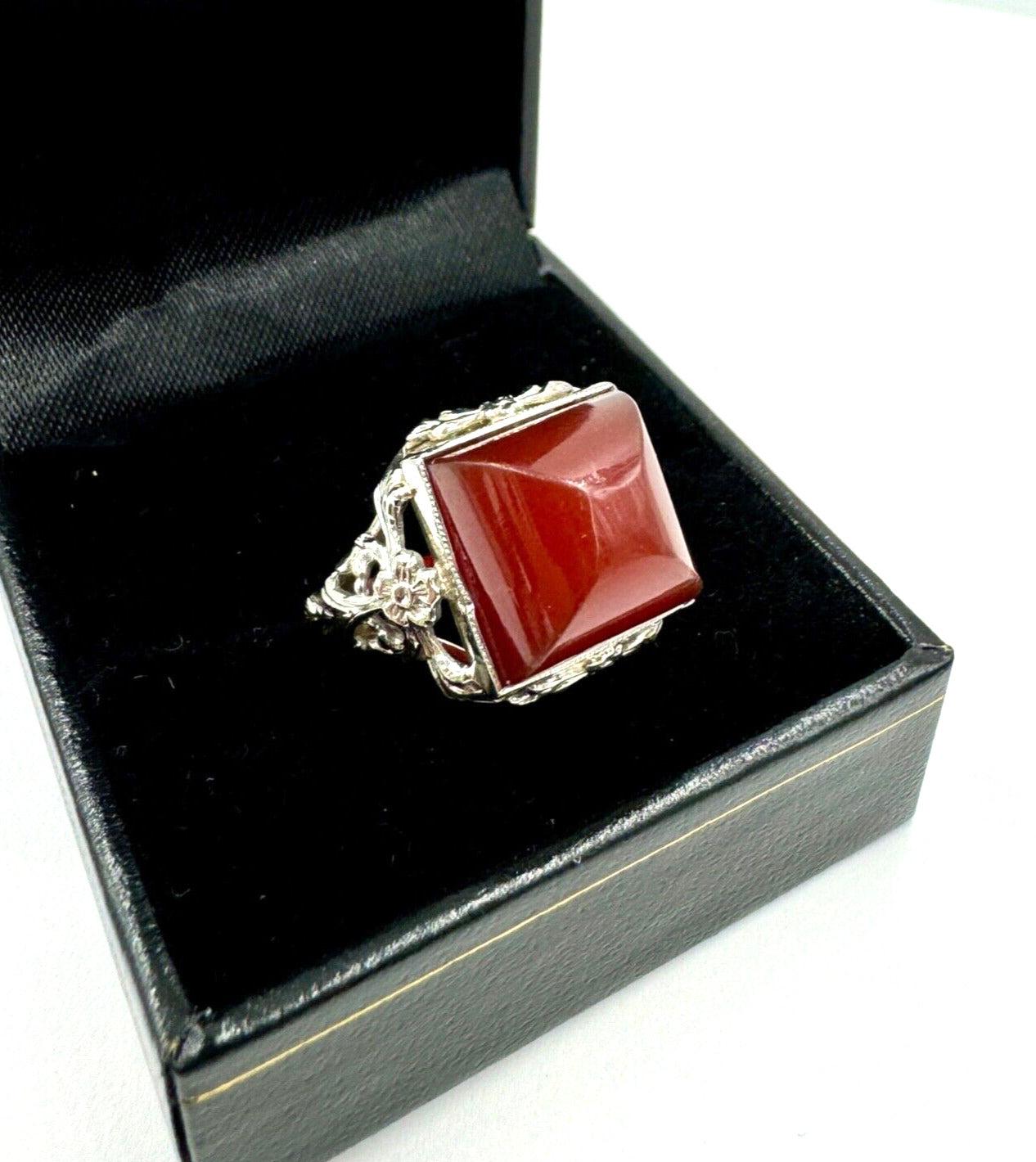 Art Deco 14K White Gold Carnelian Sugar Loaf Stone Ring