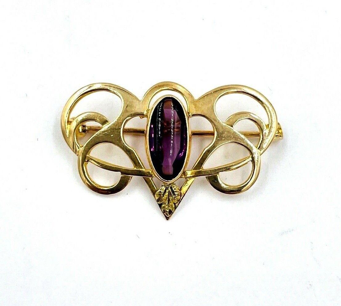 Art Nouveau 14k Yellow Gold Glass amethyst Pin Brooch