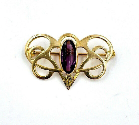 Art Nouveau 14k Yellow Gold Glass amethyst Pin Brooch