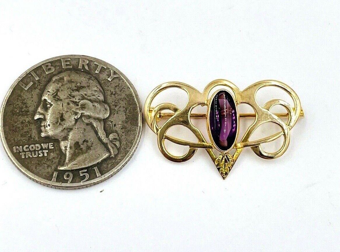 Art Nouveau 14k Yellow Gold Glass amethyst Pin Brooch