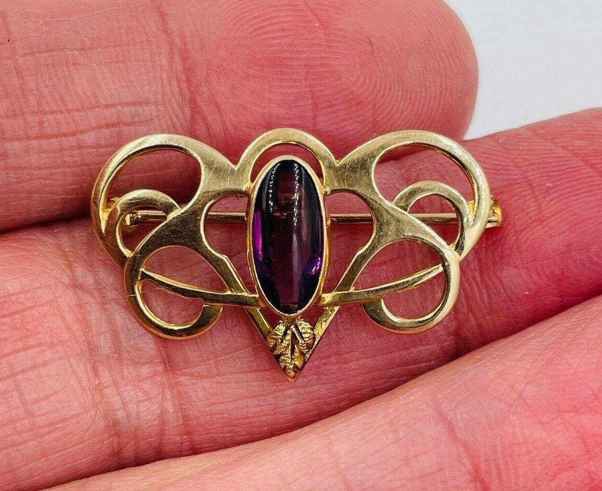 Art Nouveau 14k Yellow Gold Glass amethyst Pin Brooch