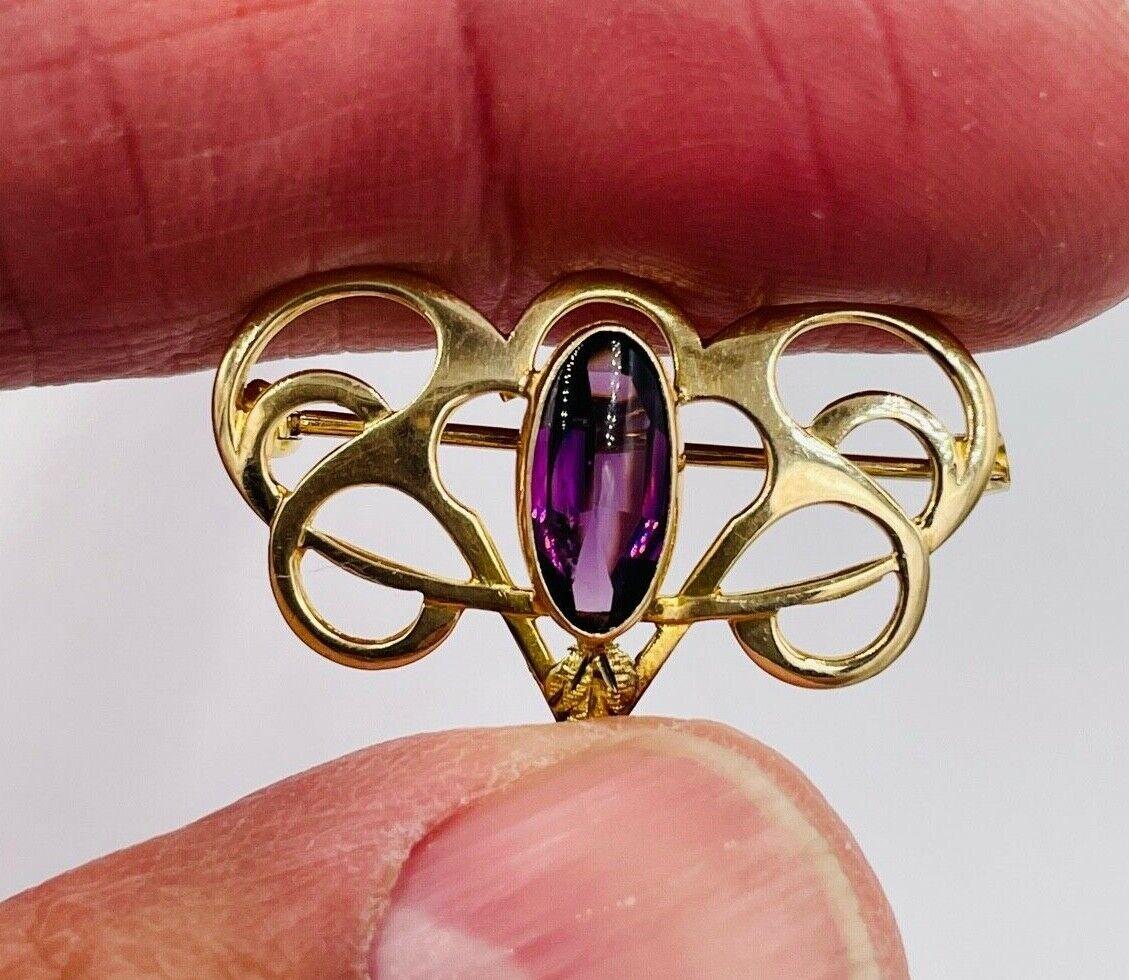 Art Nouveau 14k Yellow Gold Glass amethyst Pin Brooch