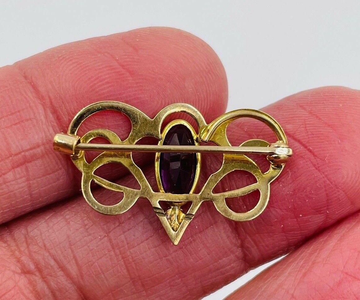 Art Nouveau 14k Yellow Gold Glass amethyst Pin Brooch