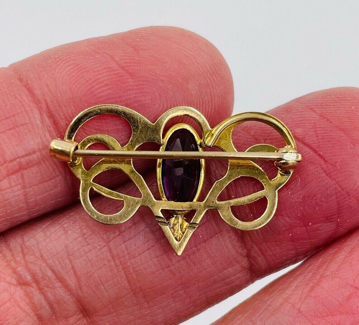 Art Nouveau 14k Yellow Gold Glass amethyst Pin Brooch