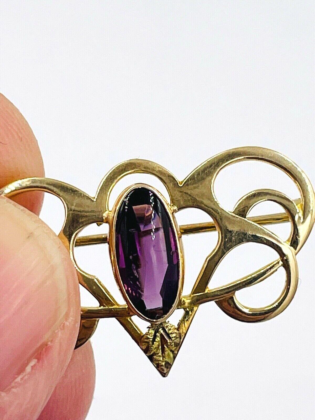 Art Nouveau 14k Yellow Gold Glass amethyst Pin Brooch