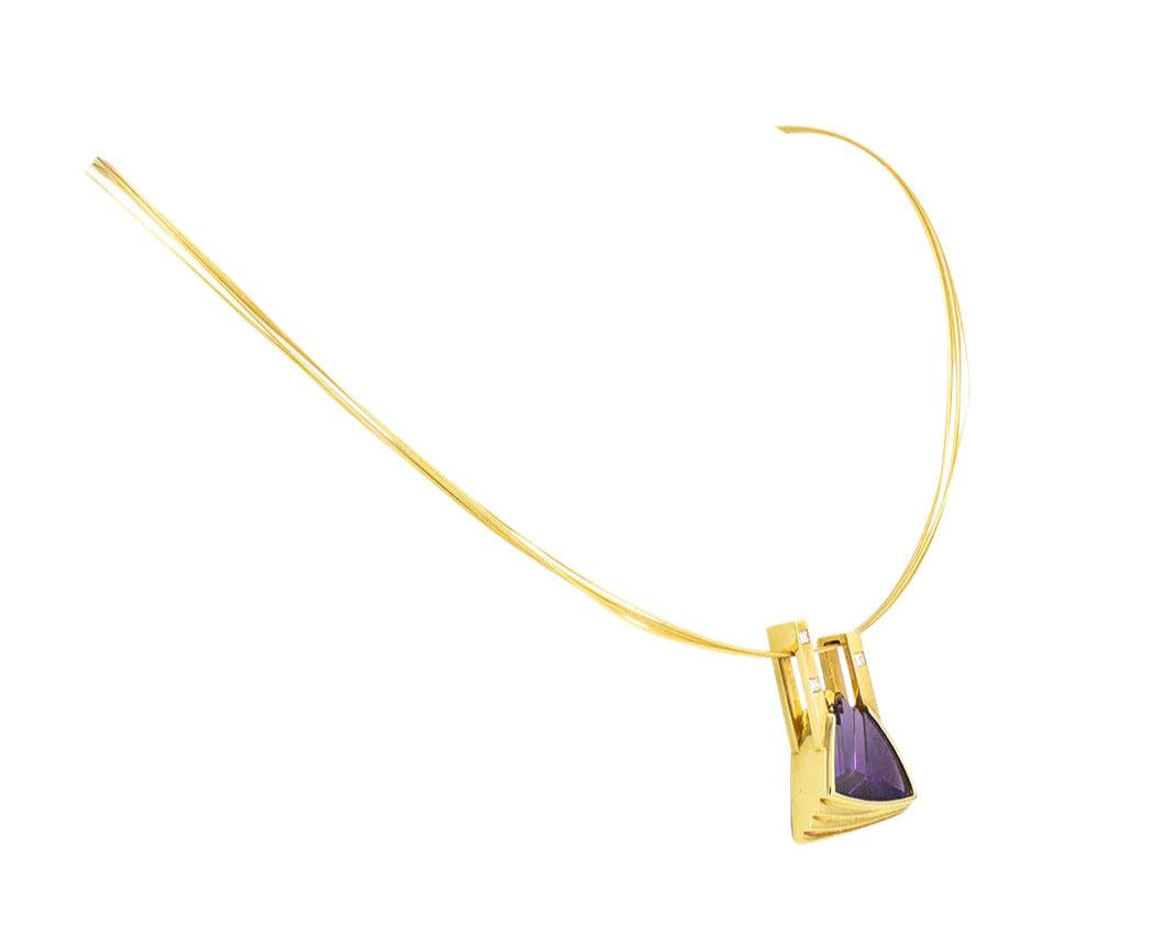 Estate Fantasy Cut Amethyst Princess Cut Diamond 18k Yellow Gold Necklace