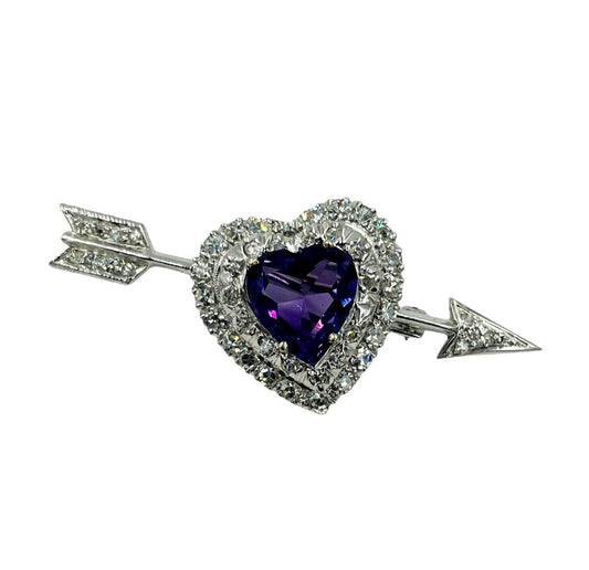 Heart & Arrow Amethyst Diamond Brooch Pin 14K White Gold Mid Century