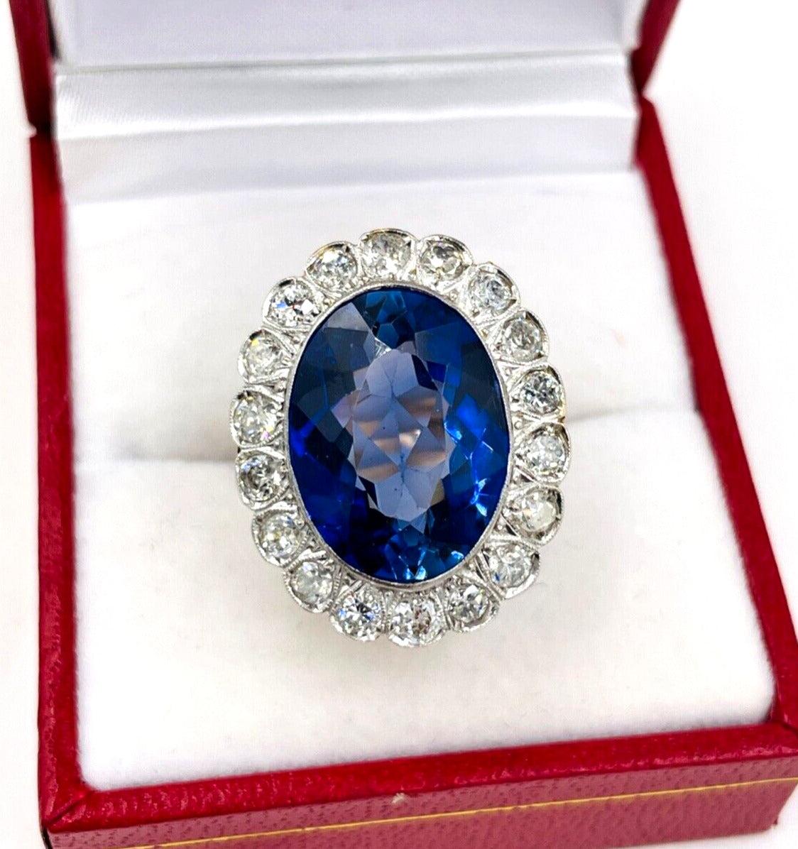 Estate Diamond Halo 14k gold Statement Ring with Blue Stone
