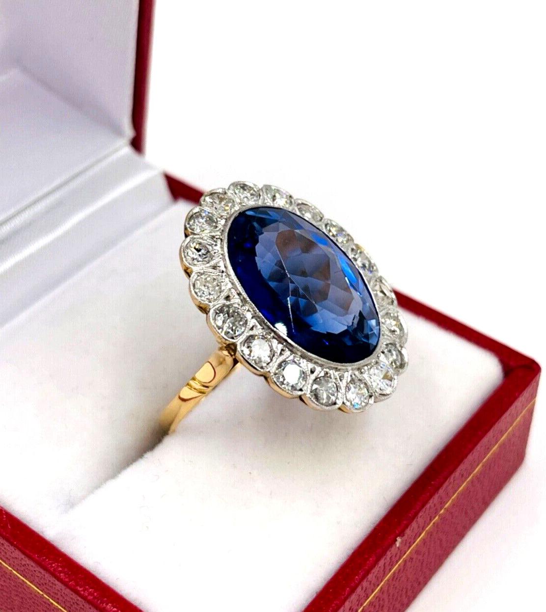 Estate Diamond Halo 14k gold Statement Ring with Blue Stone
