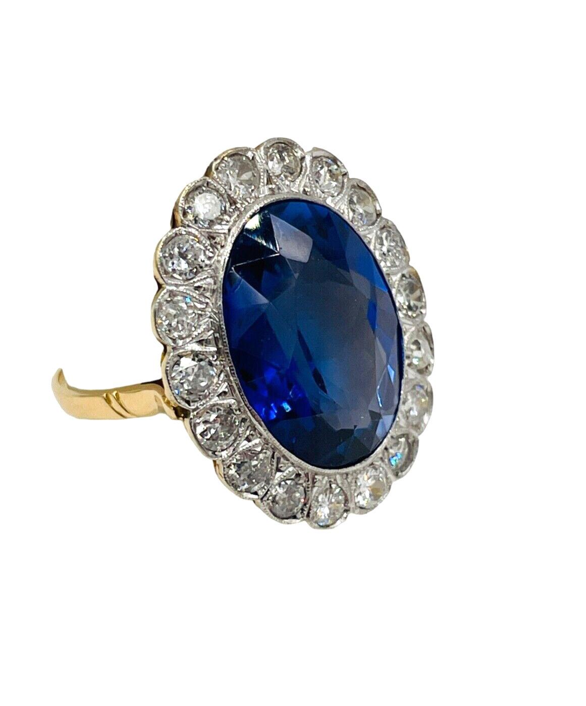 Estate Diamond Halo 14k gold Statement Ring with Blue Stone