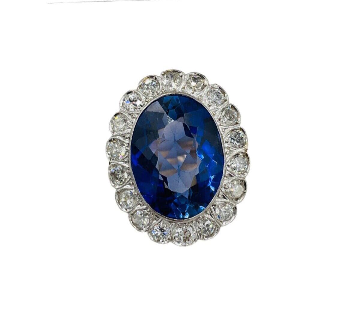 Estate Diamond Halo 14k gold Statement Ring with Blue Stone