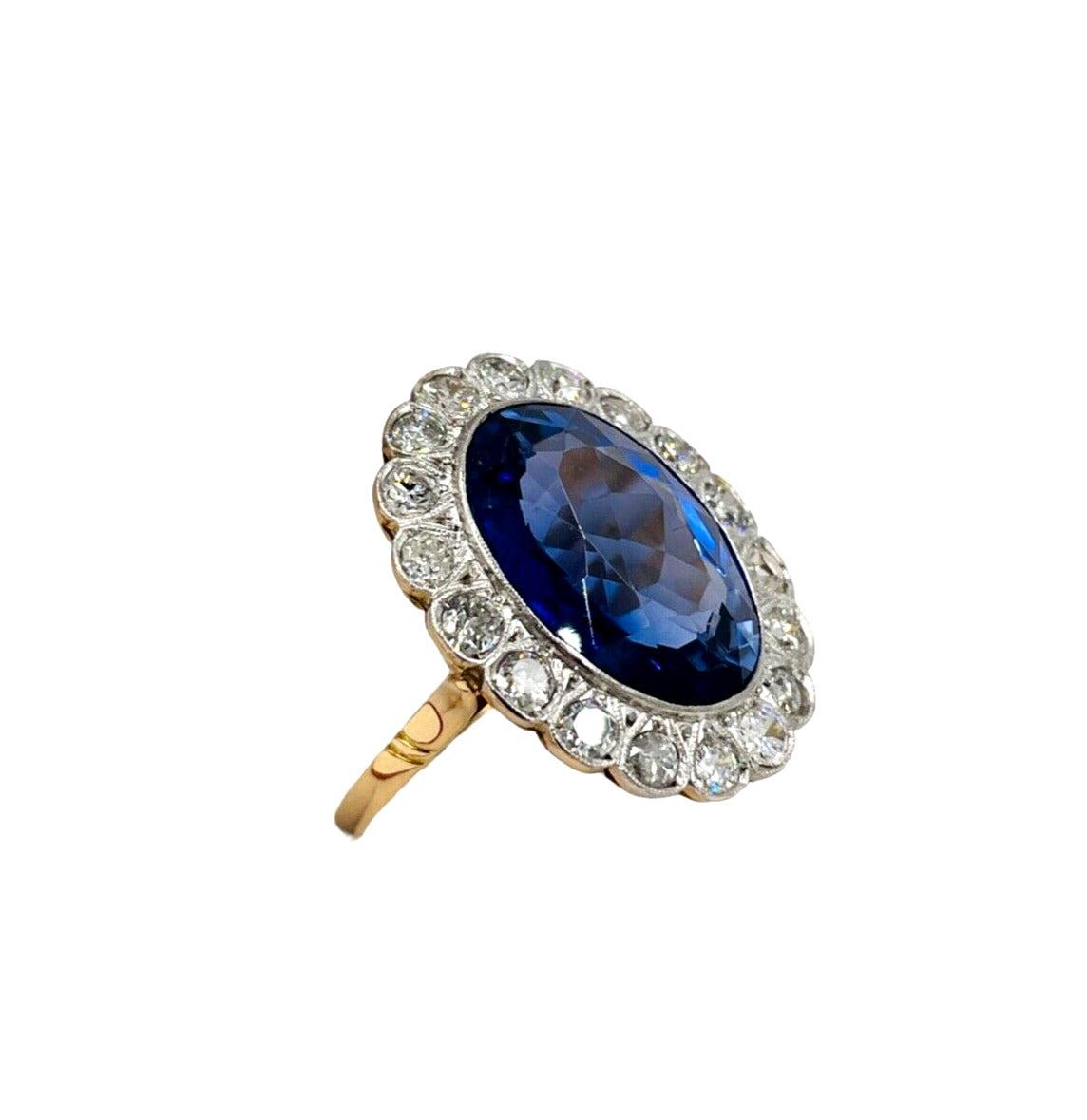 Estate Diamond Halo 14k gold Statement Ring with Blue Stone