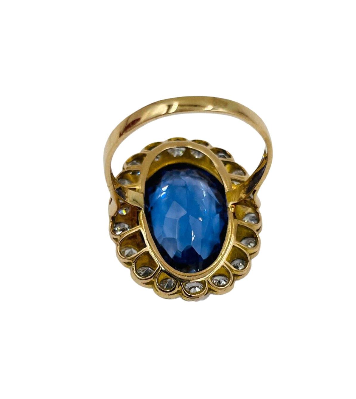 Estate Diamond Halo 14k gold Statement Ring with Blue Stone