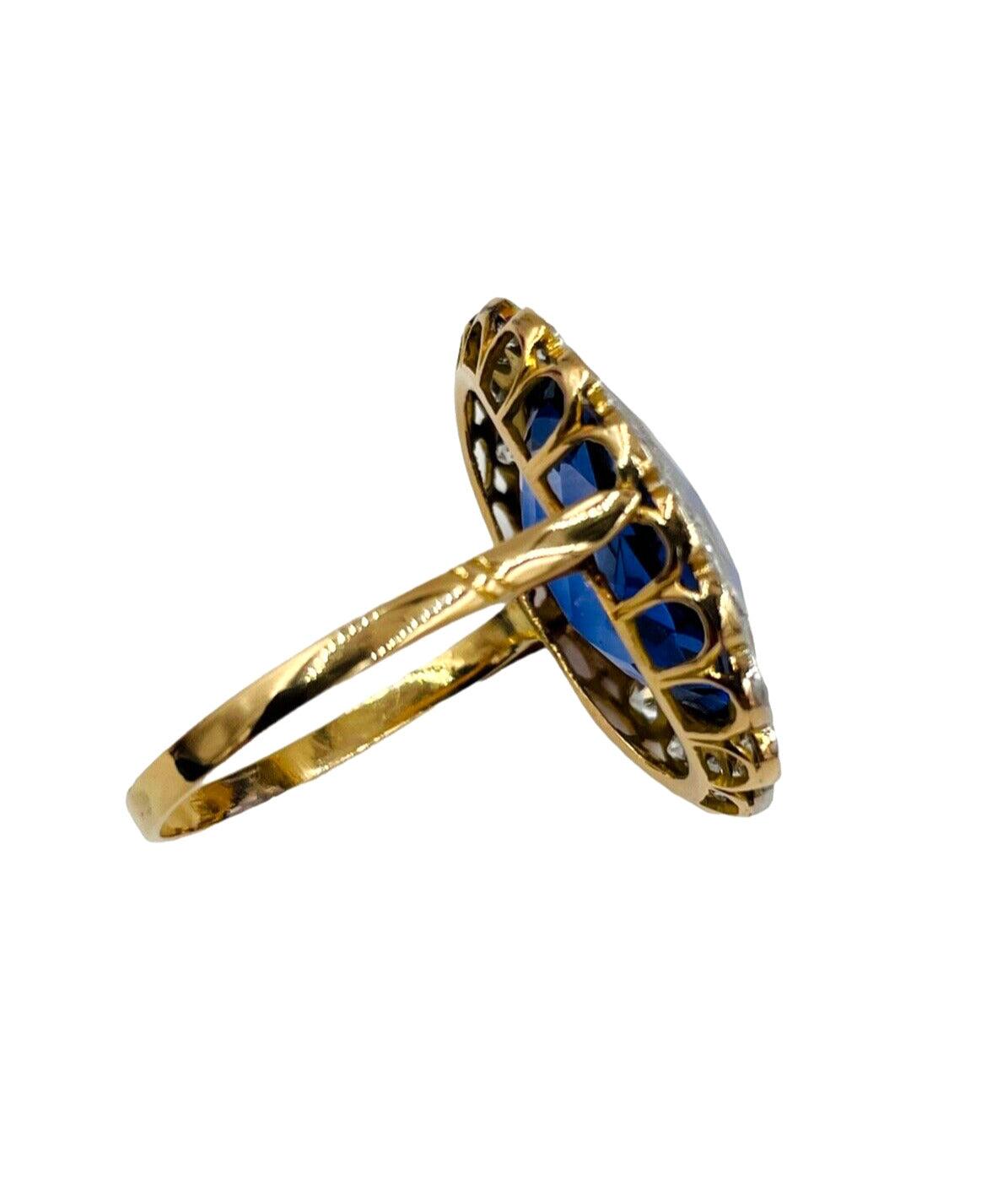 Estate Diamond Halo 14k gold Statement Ring with Blue Stone