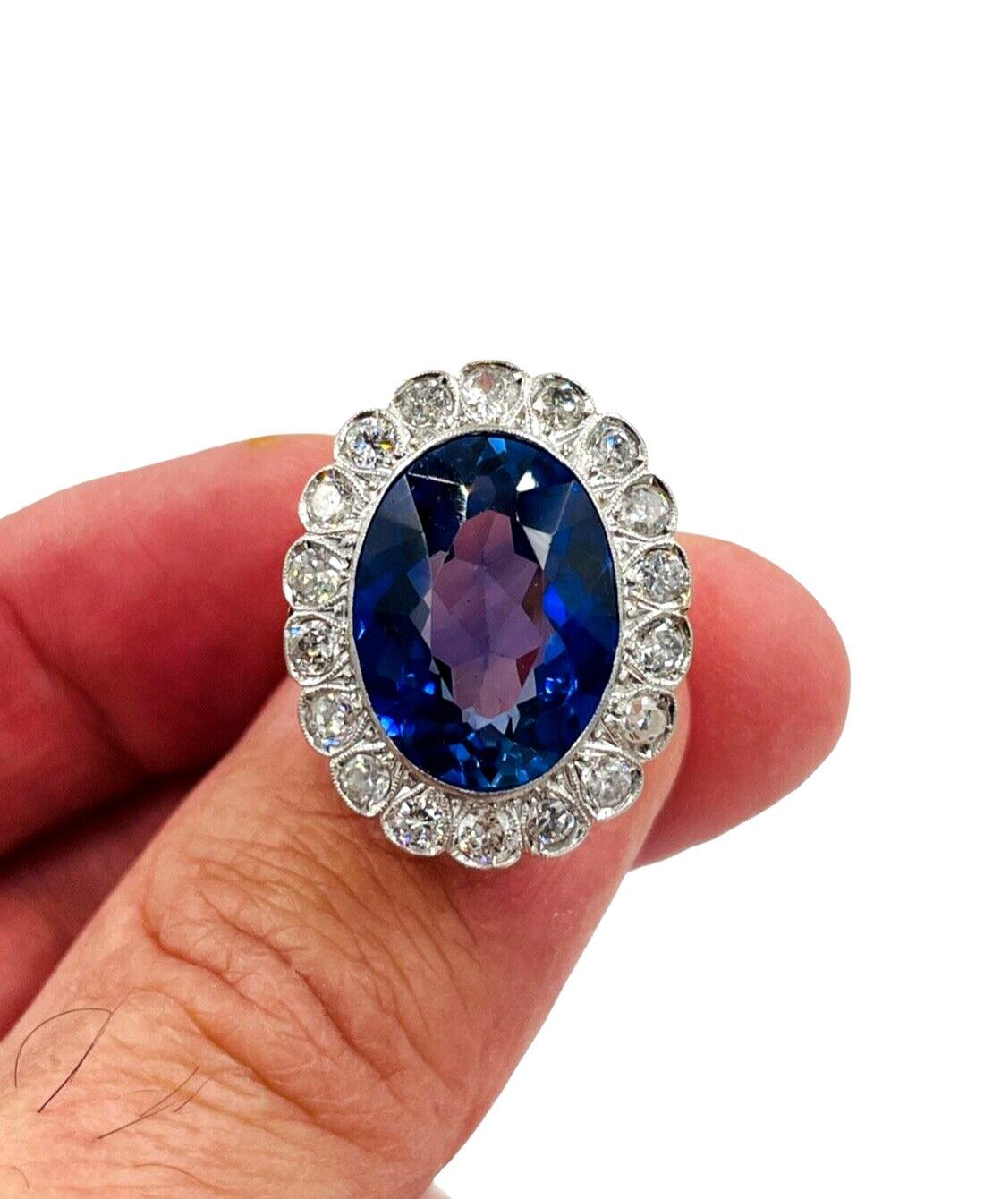 Estate Diamond Halo 14k gold Statement Ring with Blue Stone