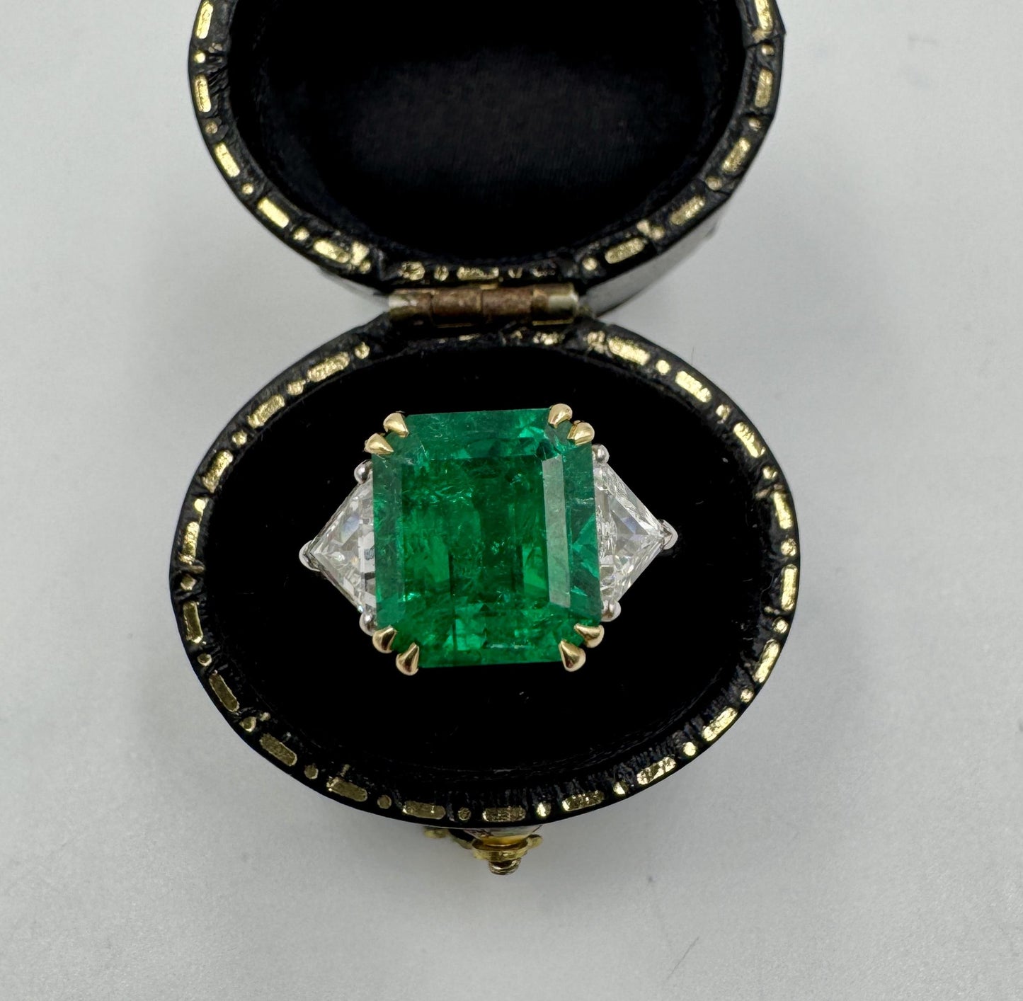 Estate Emerald And Trillion Diamond  18k White Gold Ring GIA