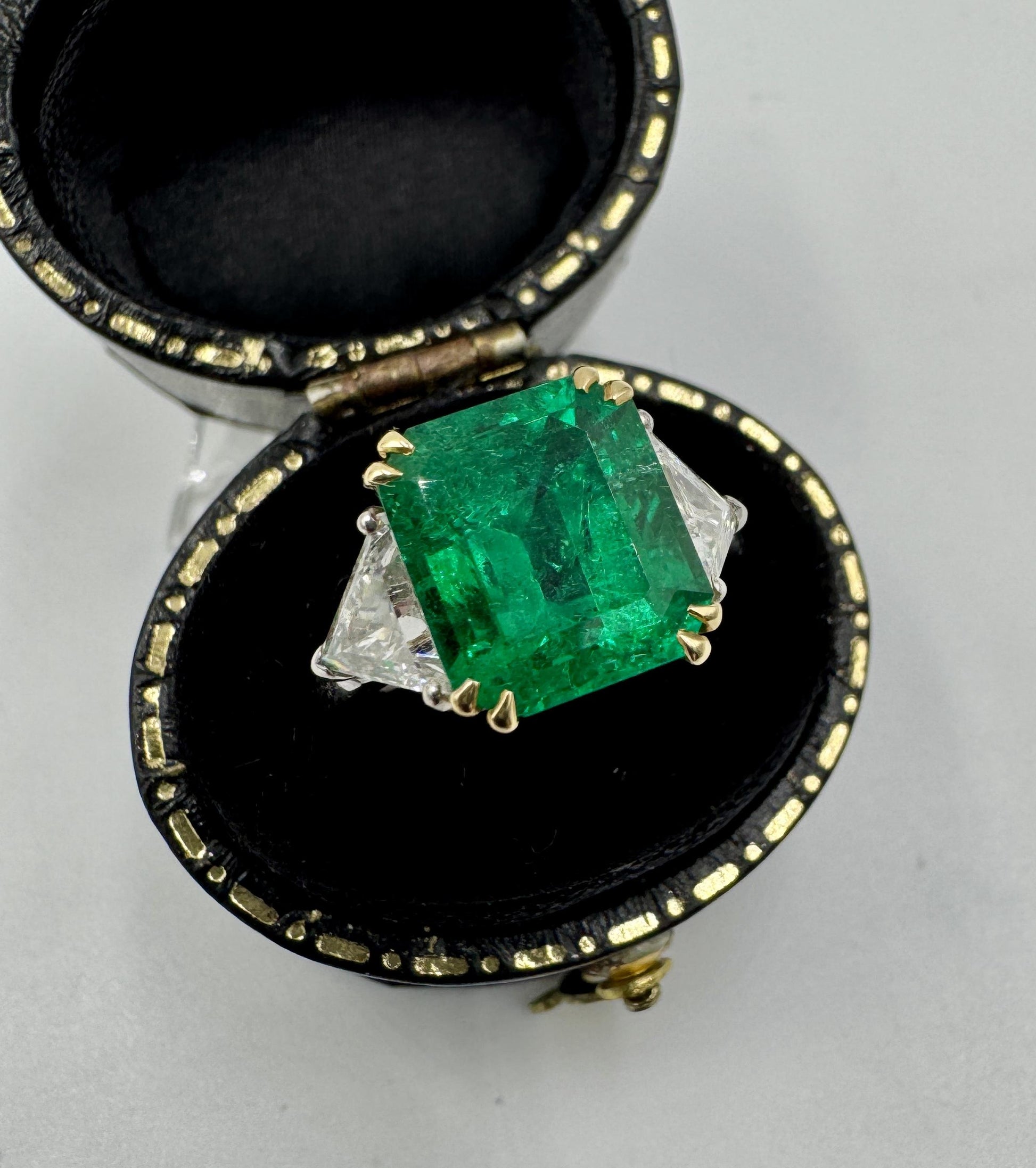 Estate Emerald And Trillion Diamond  18k White Gold Ring GIA