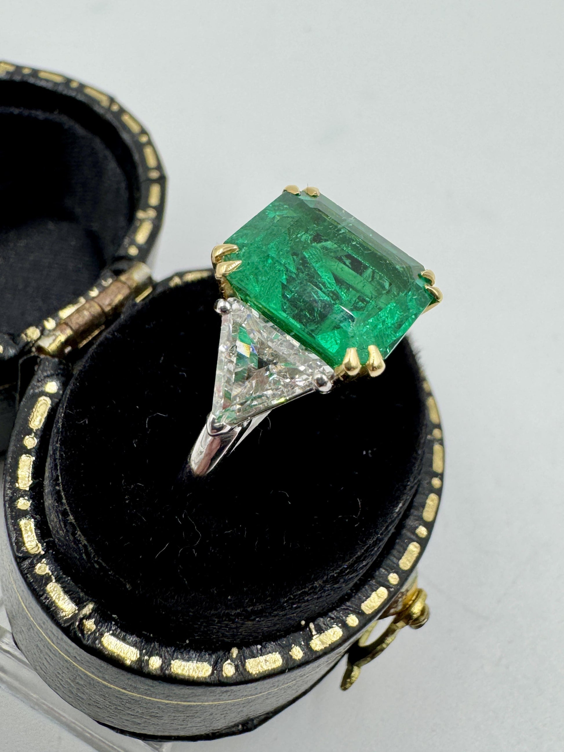 Estate Emerald And Trillion Diamond  18k White Gold Ring GIA