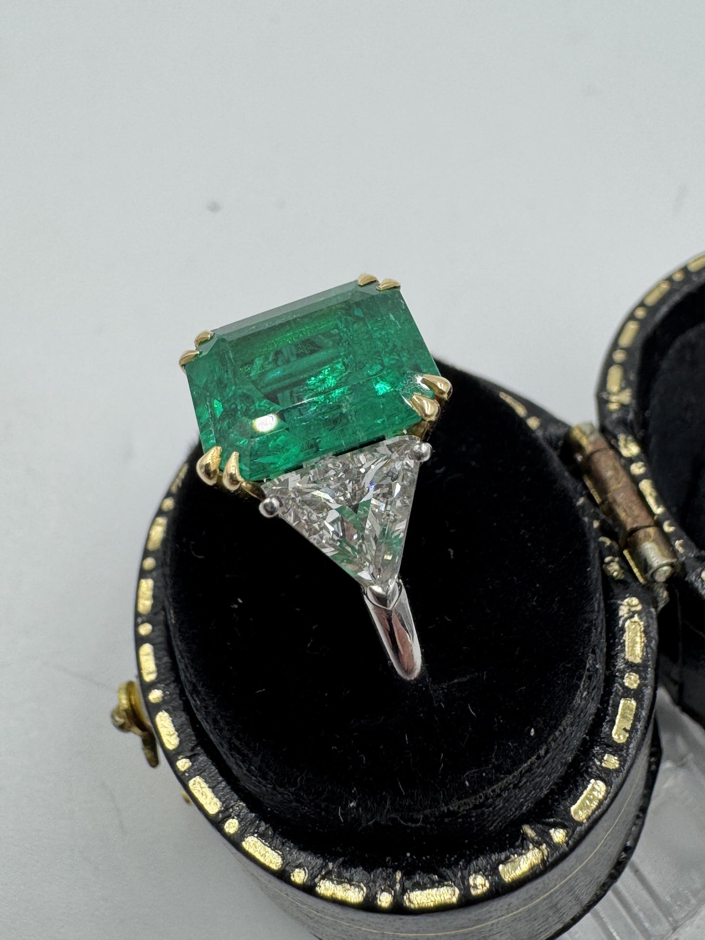 Estate Emerald And Trillion Diamond  18k White Gold Ring GIA