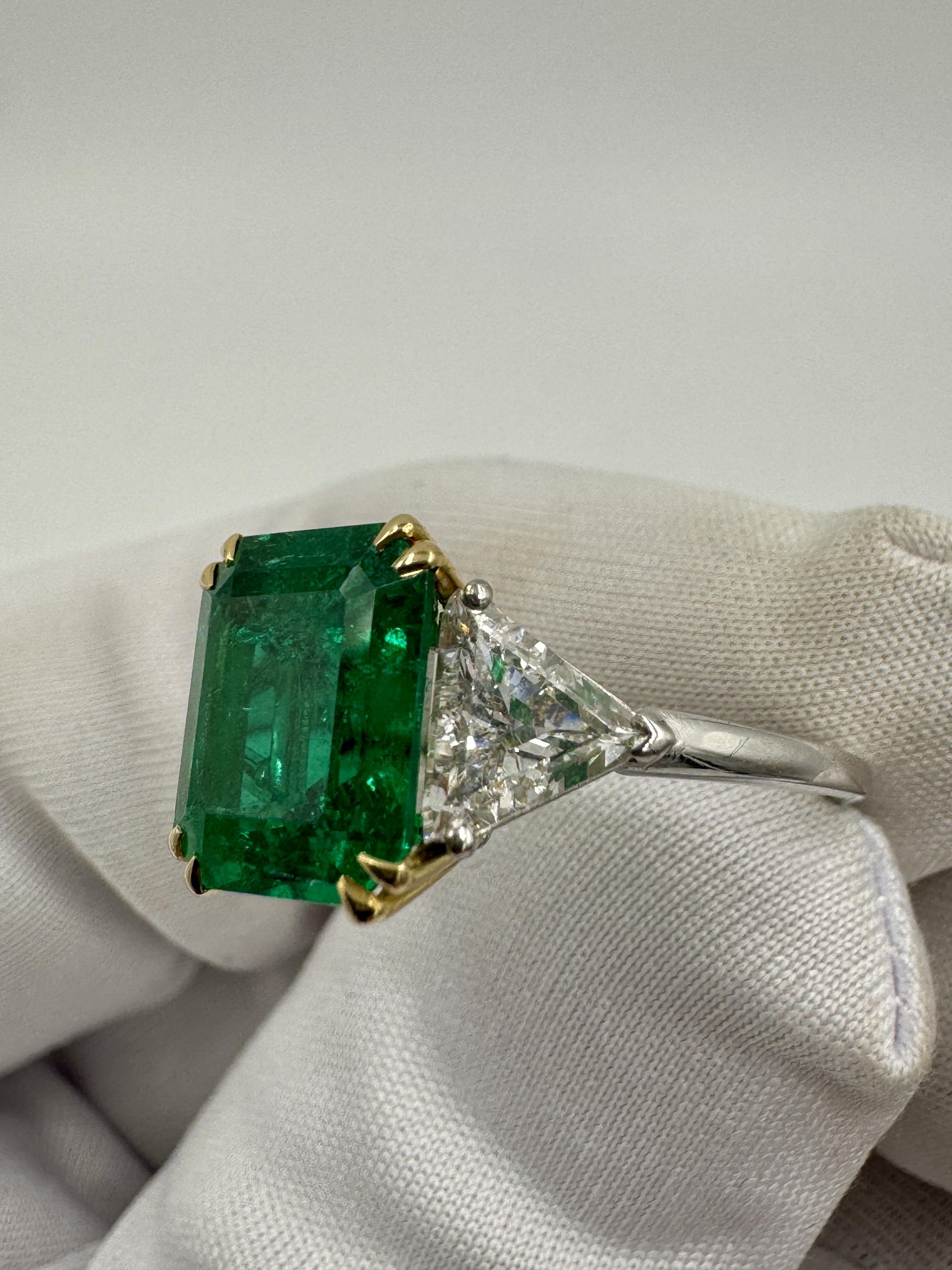 Estate Emerald And Trillion Diamond  18k White Gold Ring GIA