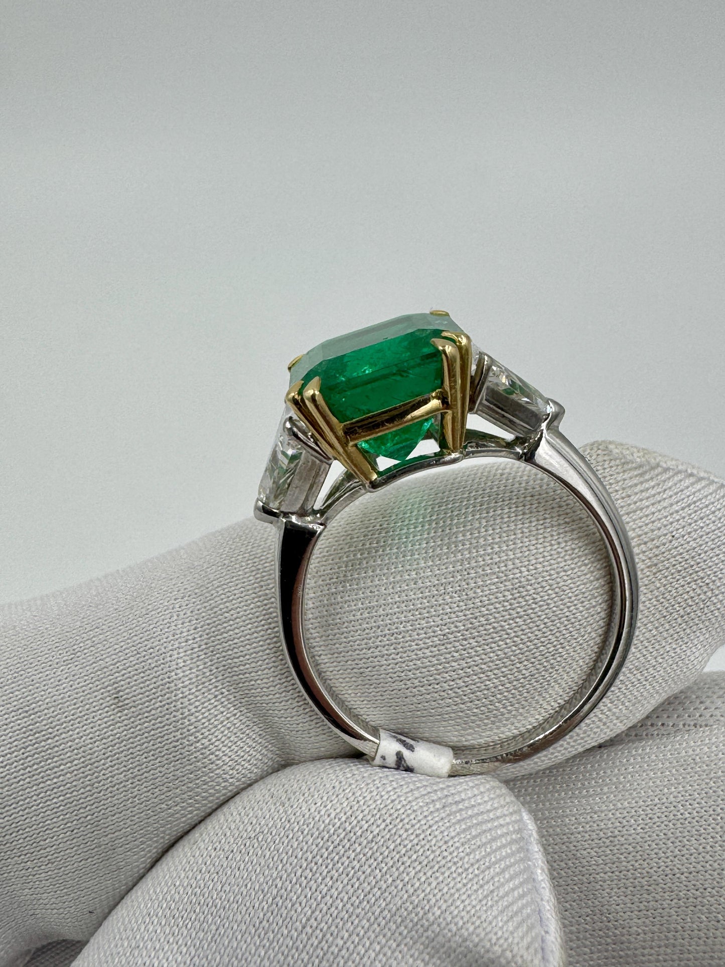 Estate Emerald And Trillion Diamond  18k White Gold Ring GIA