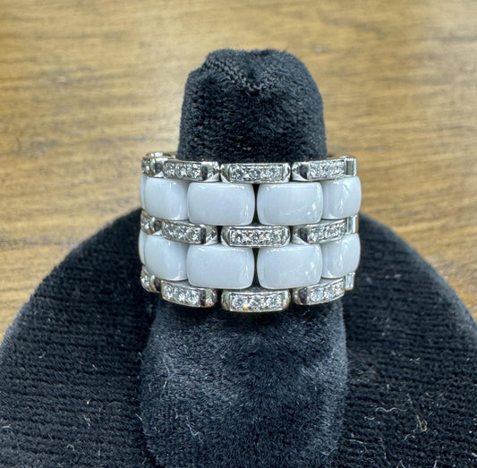 Authentic CHANEL 18k White Gold Diamond Ceramic Wide Band