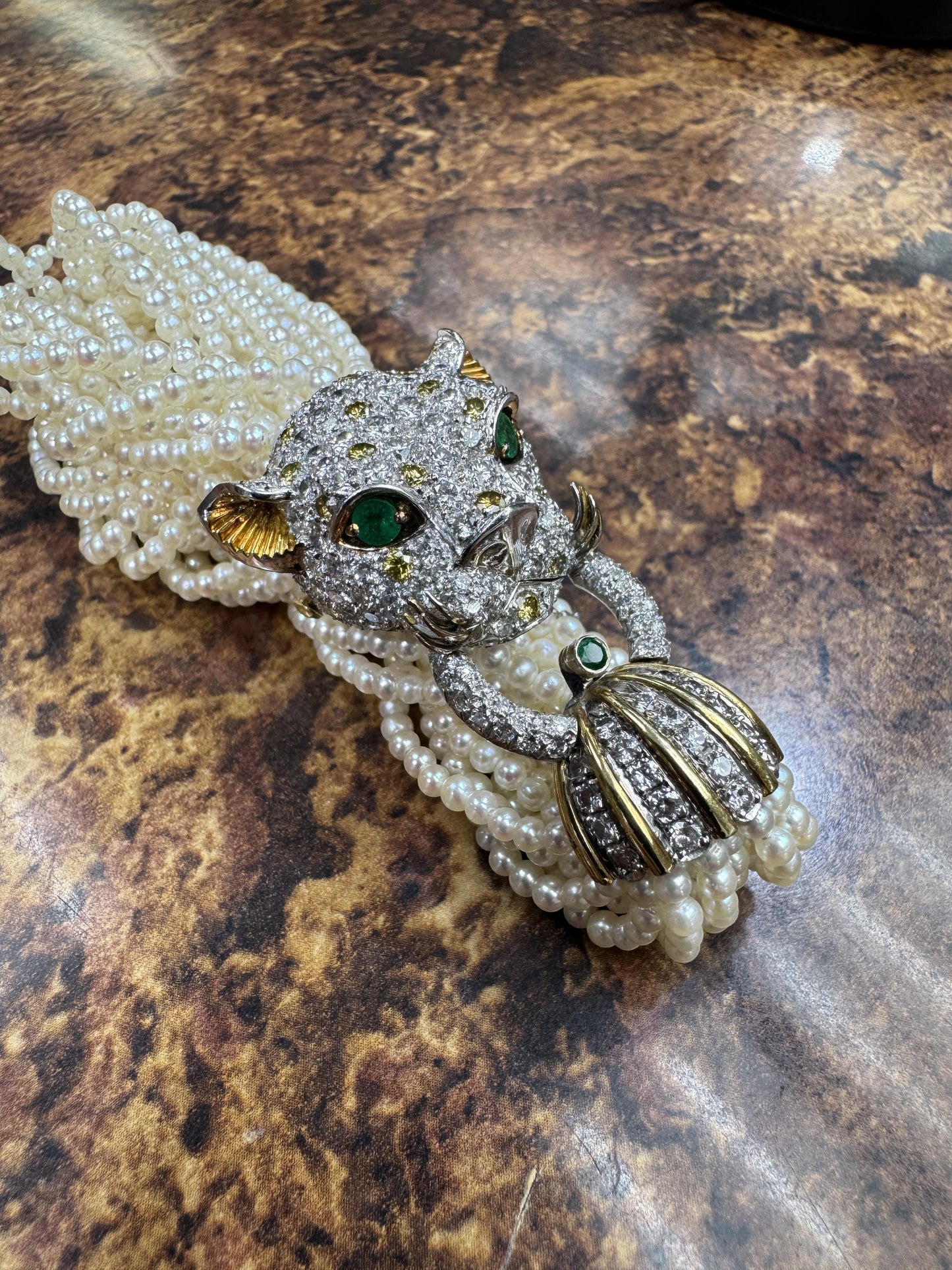 Estate Diamond Pave Leopard Multi-Strand Pearl bracelet Emerald Eyes