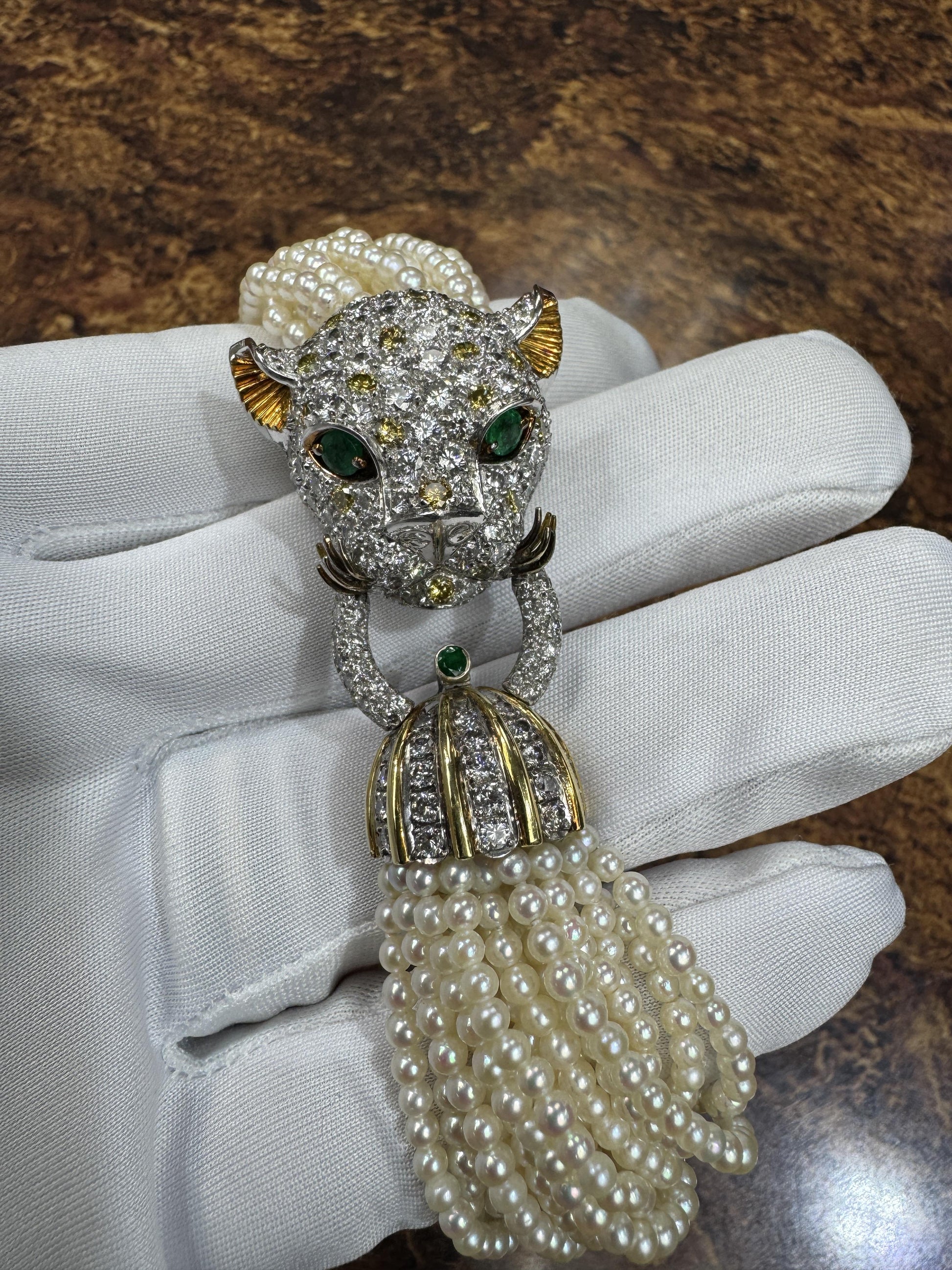 Estate Diamond Pave Leopard Multi-Strand Pearl bracelet Emerald Eyes