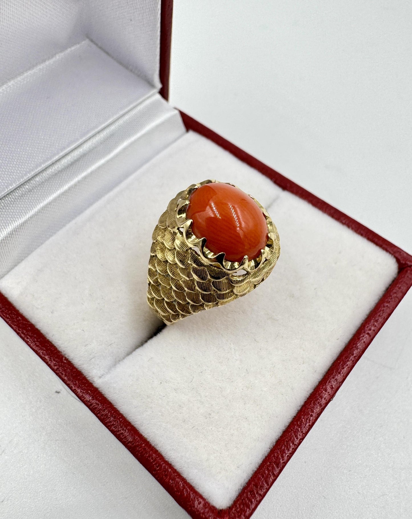 18k Yellow Gold Red Coral Scaled Finish Ring