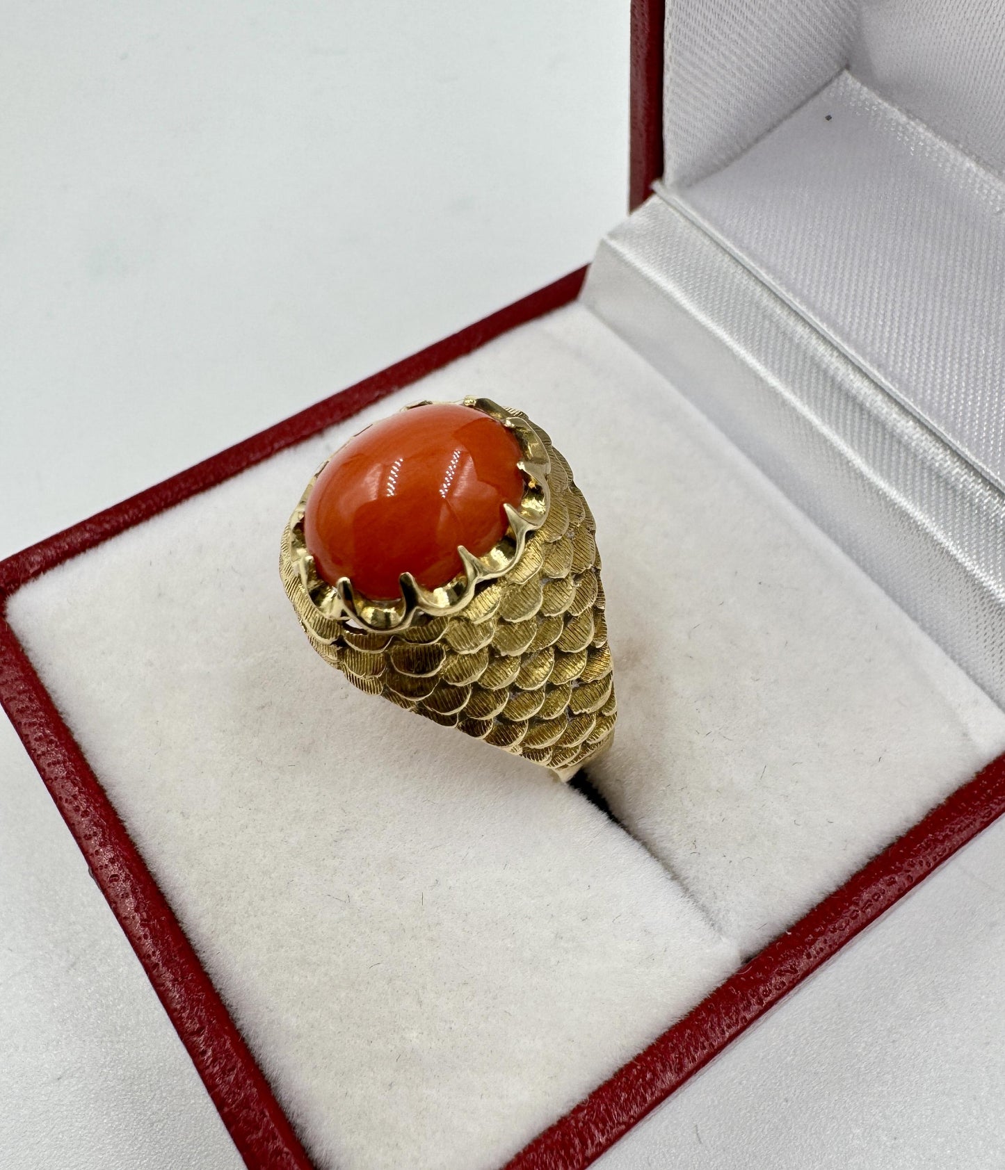 18k Yellow Gold Red Coral Scaled Finish Ring