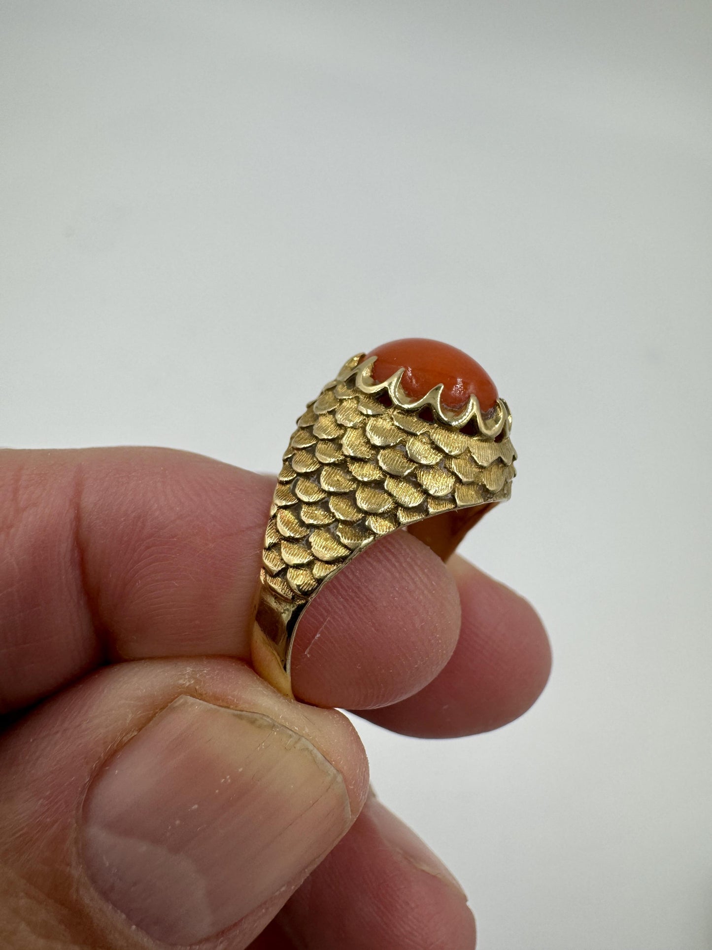 18k Yellow Gold Red Coral Scaled Finish Ring