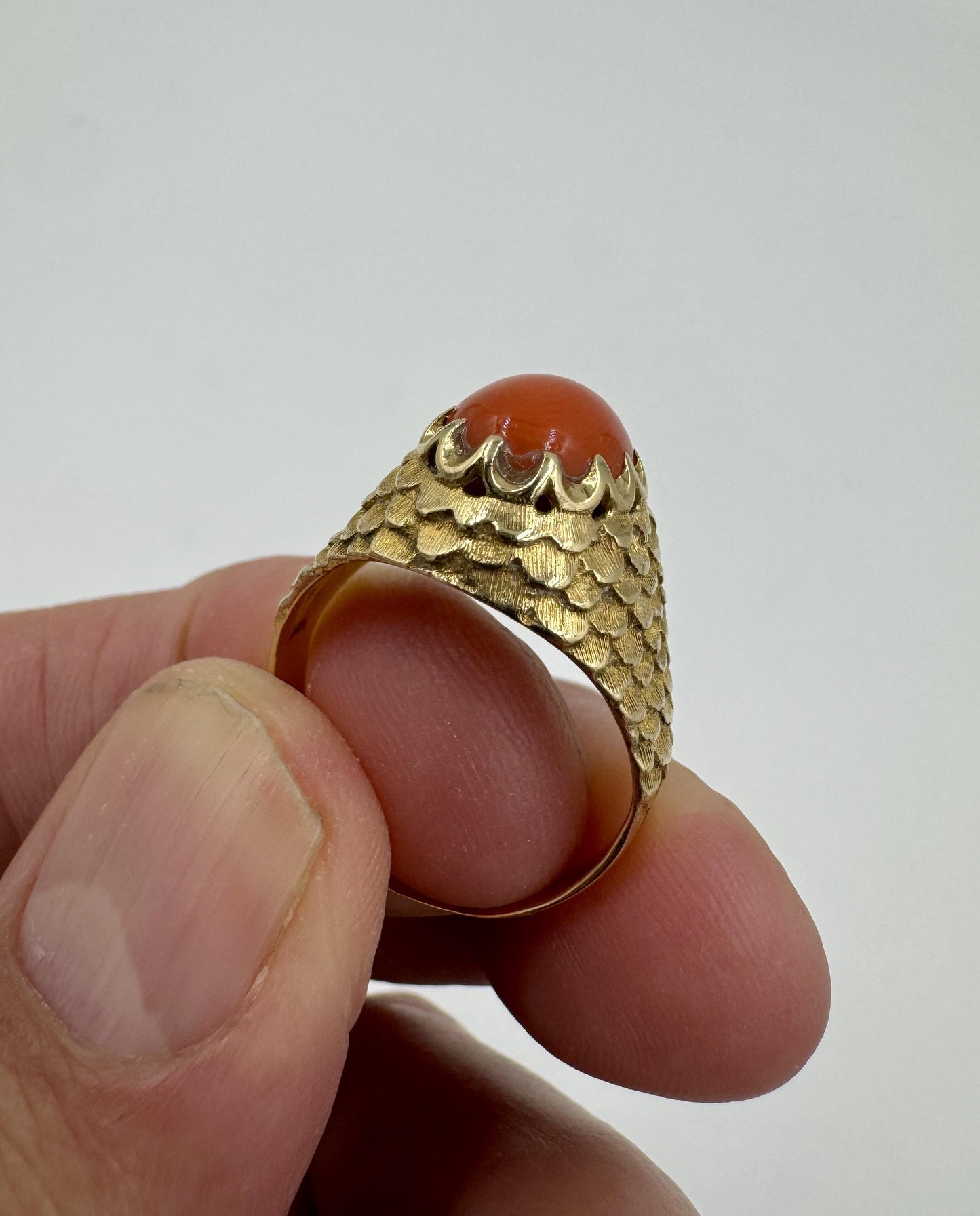 18k Yellow Gold Red Coral Scaled Finish Ring